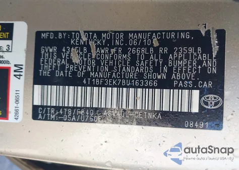 2011 Toyota Camry Le из США, поврежденный, VIN 4T1BF3EK7BU163366